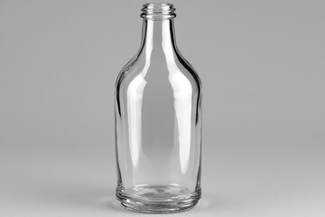 Empty Clear Glass Bottle on Gray Background Drink with Beverage, Product, and Packaging.