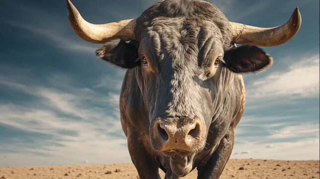 Intense closeup of a gray bulls face against a cloudy sky