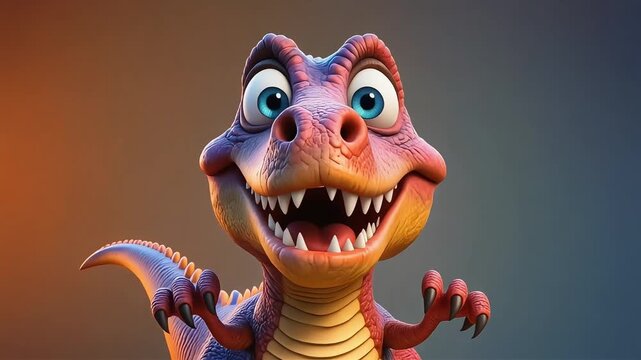 Close-up of a brightly colored 3D animated cartoon dinosaur character with huge blue eyes and an excited, wide-open mouth expression, perfect for children's learning videos and explainer animations.