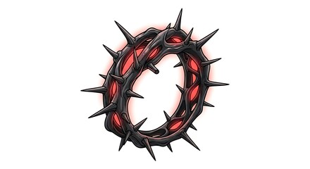 Dark Spiked Ring with Glowing Red Core on White Background.