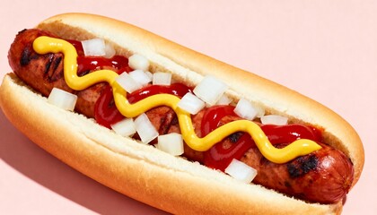 Hot dog with mustard, ketchup, and onions on a solid pastel background