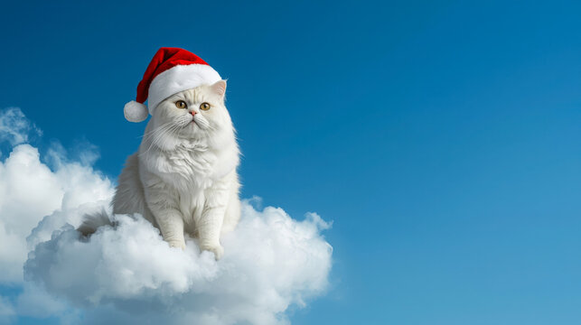 Fluffy white cat in Santa hat sitting on a soft cloud. Surreal Christmas concept on blue sky background with copy space.
