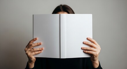 Person holding an open blank book, covering their face, against a plain light grey background, symbolizing privacy or anonymous reading