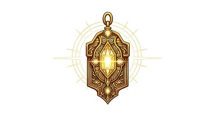 Ornate Golden Pendant with Glowing Gemstone on White Background.