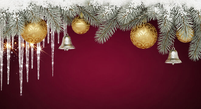 Snowy pine branches with golden ornament, icicle and silver bell against red backdrop, representating Christmas, winter holiday and festive mood, free space