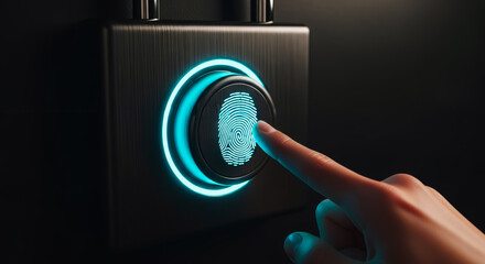 A close-up shot of a human finger scanning a biometric lock, symbolizing digital security and access control. Highlighting modern technology and futuristic interface.