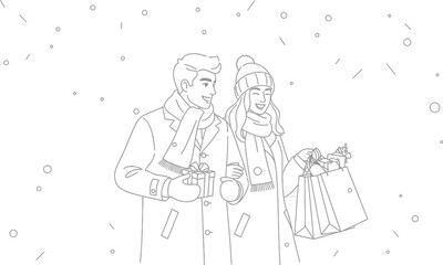 Couple enjoys holiday shopping with gifts on a snowy street in winter season