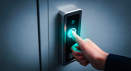 A person's finger hovers over a futuristic biometric access control panel, the digital world intertwining with the physical. Illuminated with an inviting and cool blue glow.