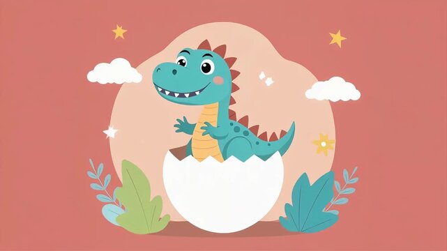 Cute Dinosaur Hatching from Egg Illustration for Childrens Books.