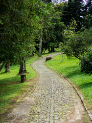 A gently winding cobblestone path cutting through a lush green park surrounded by trees and natural vegetation.