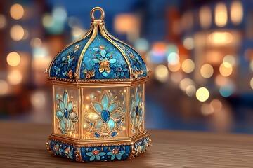 Exquisite Decorative Lantern with Jeweled Detailing with Lit with Fairy Lights, and Bokeh Background.