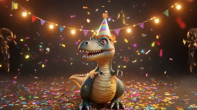 Cute animated baby dinosaur laughing hysterically with its eyes closed, surrounded by colorful, falling confetti, perfect for children's educational content and birthday party invitations.
