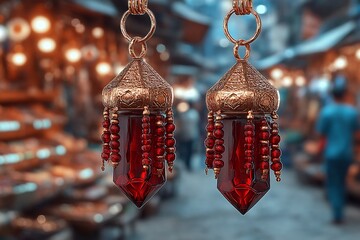 Exquisite Red Glass Lanterns with Golden Detail with Bazaar Background, and Oriental Design.