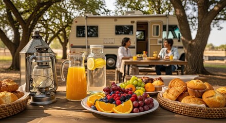 Enjoying a Delicious Outdoor Breakfast Meal Near a Recreational Vehicle Under Shady Trees