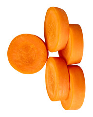 Front view of orange carrot slices in stack isolated with clipping path in png file format