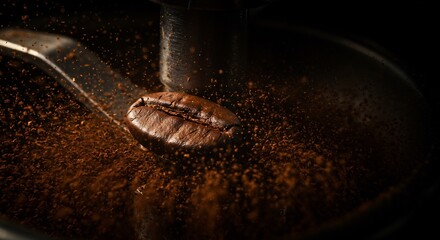 Close up of a single coffee bean being ground into powder.