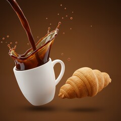 Coffee Splash into Cup Next to Croissant.