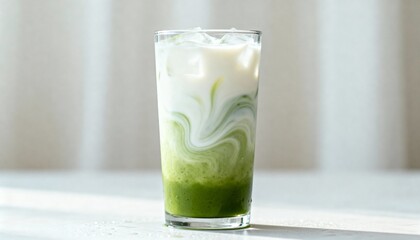 Iced matcha with milk swirl in a tall, clear glass, minimal aesthetic