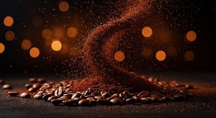 Coffee Beans and Powder Falling with Bokeh Lights.