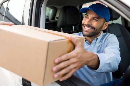 Delivery driver handing package from car for fast and reliable shipping