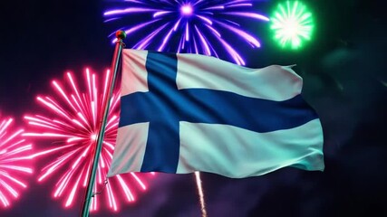 Finland flag waves proudly amidst vibrant fireworks display, celebrating national pride and festive spirit in a stunning visual symphony