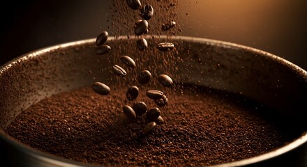 Coffee Beans Falling Into Ground Coffee.