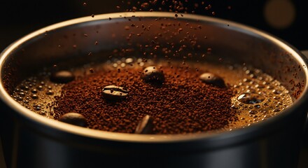 Close-up of Coffee Beans and Grounds in Hot Water.