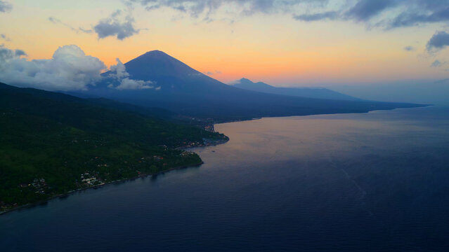 Amed Coast Sunrise With Mount Agung Volcano, Aerial Bali Seascape View At Dawn