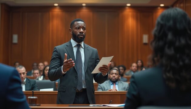 African American lawyer presents case in court. Man holds papers, speaks passionately to judge, jury at law trial. Attorney defends client, argues justice in judicial system. Legal process unfolds.