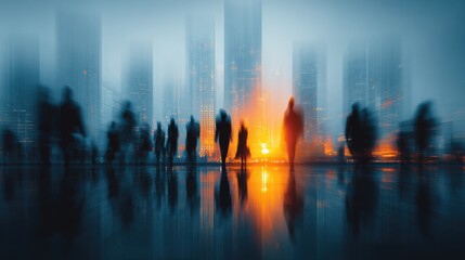 Abstract Urban Scene with Silhouetted Figures and Skyscrapers at Sunset in a Modern Cityscape