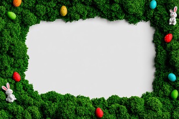 Easter Frame Green Moss with Colorful Eggs, and Bunny on White Festive.