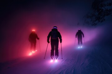 Fototapeta premium Skiers illuminated by vibrant lights glide through misty winter