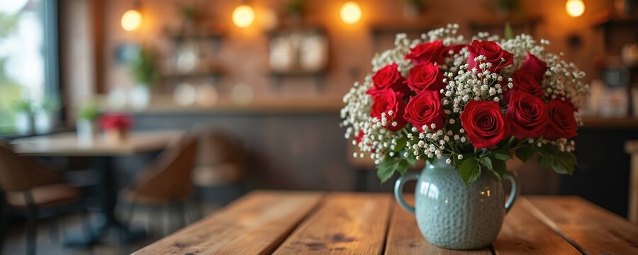 Red roses in a vase on wooden table at cozy cafe. Flowers arrangement design with soft light in cafe. Valentine day celebration. Interior decor with floral element.