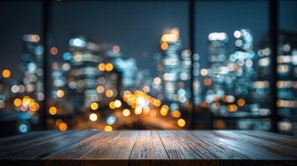 Empty Wooden Table with Blurred Cityscape Background at Night Featuring Bokeh Lights and Modern Urban Skyline