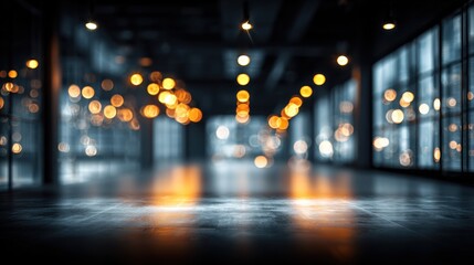 Modern Industrial Interior with Warm Ambient Lighting and Large Windows in a Spacious Open Floor Plan