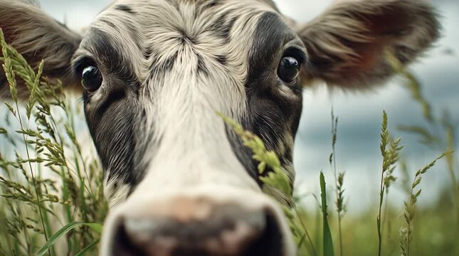 Extreme closeup of a curious black and white cow face in grass