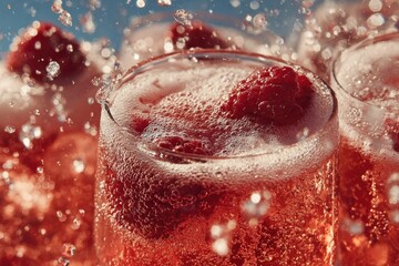Sparkling drink with fresh raspberries, bubbles rising, festive