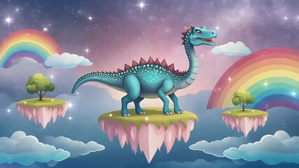 Cute blue cartoon dinosaur standing on a fantastical floating island platform under a magical starry sky with rainbows, ideal for kids' learning apps and fantasy explainer videos. - Powered by Adobe