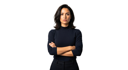 Serious woman with arms crossed isolated on transparent background, exuding confidence and determination, ready to tackle challenges with a focused mindset