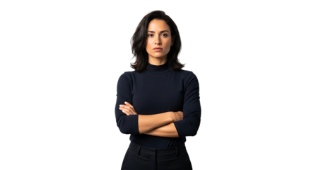 Serious woman with arms crossed isolated on transparent background, exuding confidence and determination, ready to tackle challenges with a focused mindset