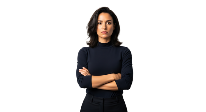 Serious woman with arms crossed isolated on transparent background, exuding confidence and determination, ready to tackle challenges with a focused mindset