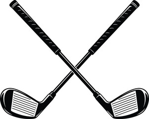 Classic crossed golf clubs illustration symbolizing sport competition training equipment design in black and white style for athletic branding purposes