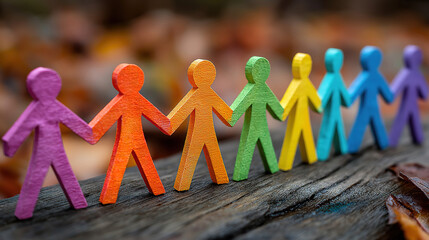 Paper human figures in rainbow colors linked by hands showing unity diversity and inclusion