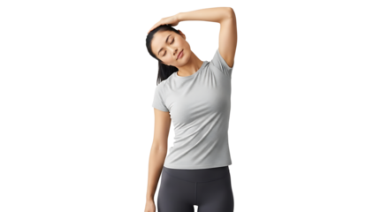 A young woman in sportswear is stretching her neck isolated on transparent background, demonstrating a healthy lifestyle in a fitness studio setting
