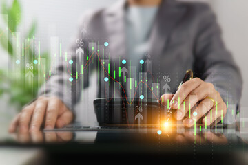 Financial business growth data analysis, stock investment graph, gold trading profit, risk and loss percentage, businessman using calculator to calculate break even point and financial planning.