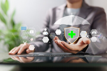 Accessible digital healthcare, AI technology in medicine. Businessman's hand working on laptop device with icons related to health information and access to medical services via virtual platform.