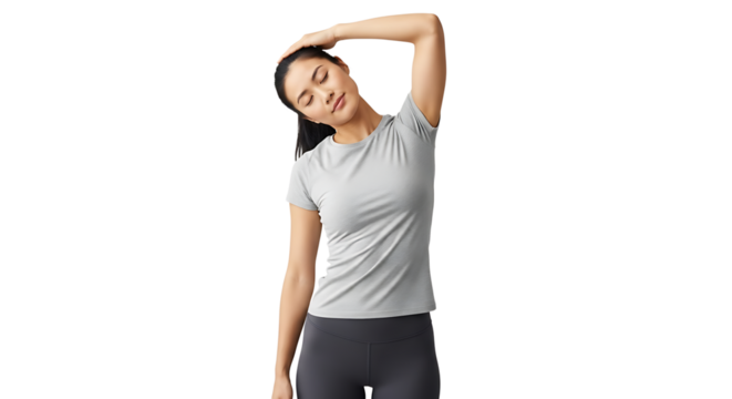 A young woman in sportswear is stretching her neck isolated on transparent background, demonstrating a healthy lifestyle in a fitness studio setting