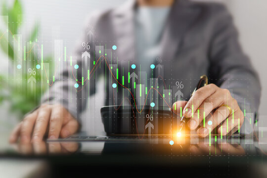 Financial business growth data analysis, stock investment graph, gold trading profit, risk and loss percentage, businessman using calculator to calculate break even point and financial planning.