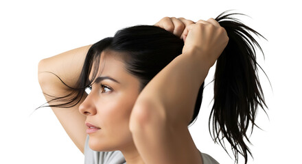 Fototapeta premium Young woman with dark hair is tying her hair into a ponytail isolated on transparent background she is preparing for a workout or a run