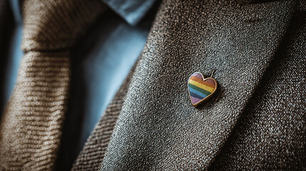 Professional displaying rainbow heart pin on suit symbolizing workplace inclusion diversity